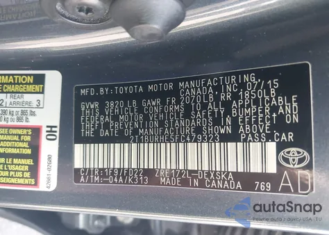 2015 Toyota Corolla S Plus из США, поврежденный, VIN 2T1BURHE5FC479323